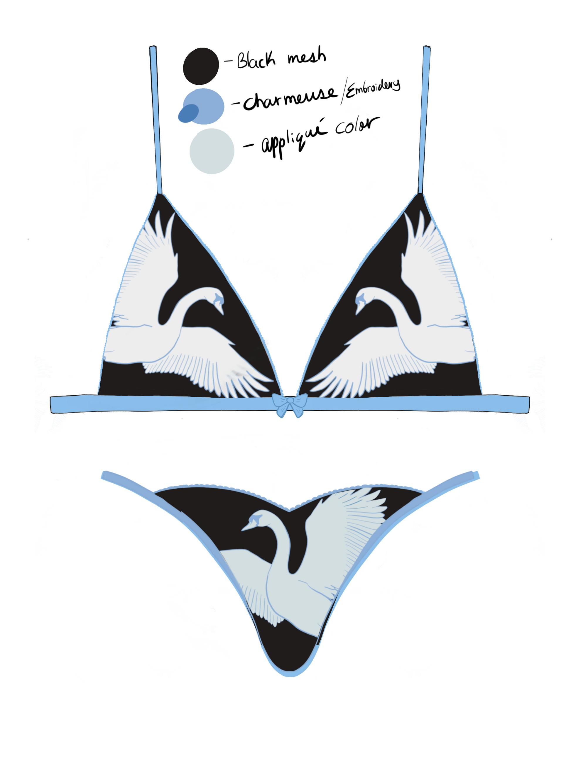 Hilma Set — black triangle bralette and thong with white swan embroidery and baby blue silk charmeuse trim