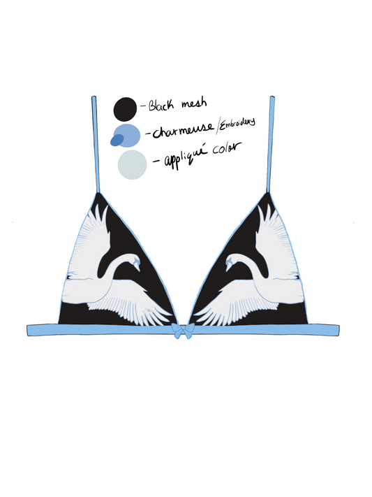 Hilma Bralette in black mesh with white swan embroidery and baby blue silk charmeuse trim