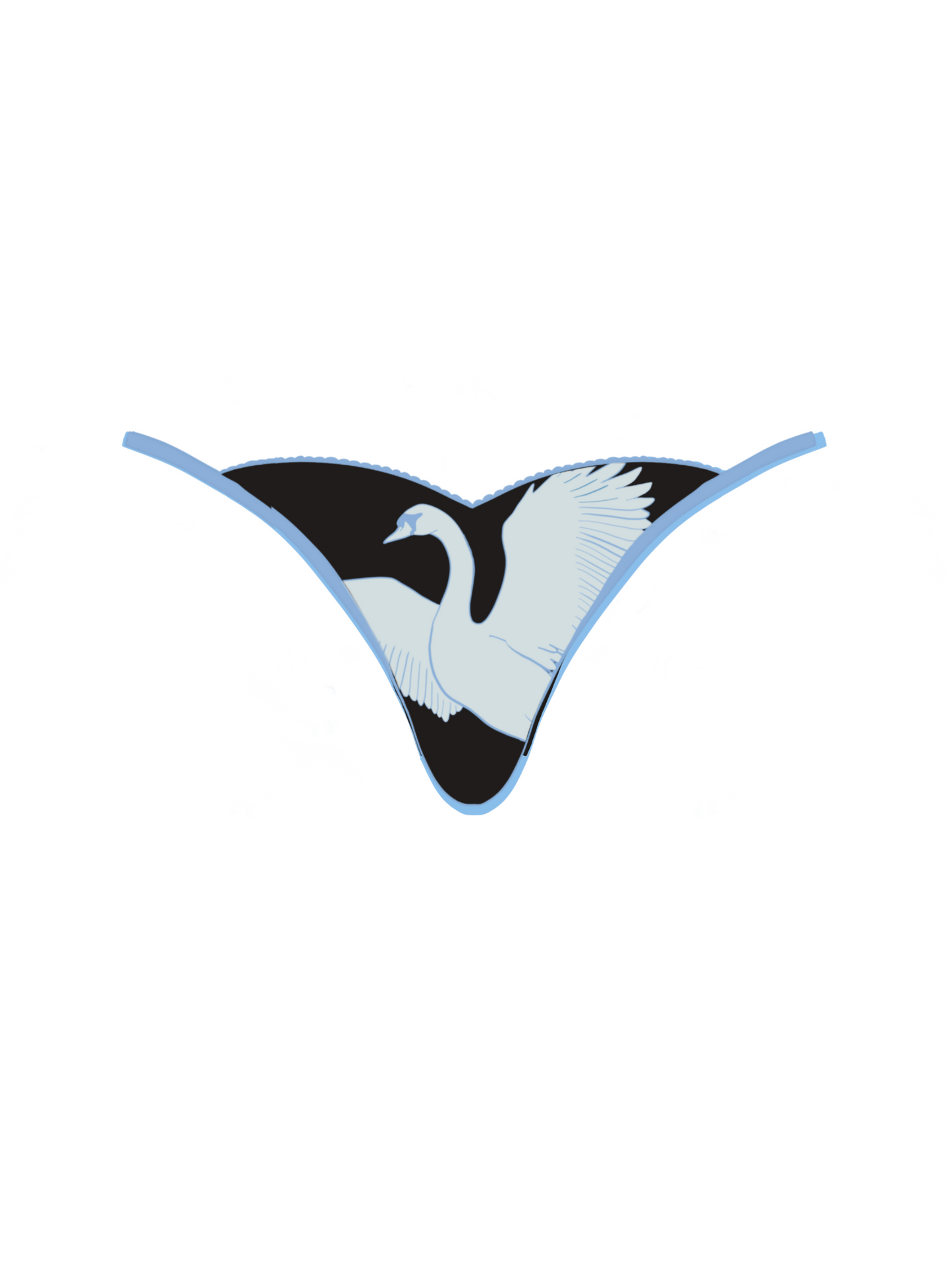 Hilma Thong in black mesh with white swan embroidery and baby blue trim