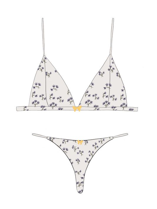 Simonetta Set in ivory silk charmeuse — triangle bralette and thong with lavender floral print and gold bow