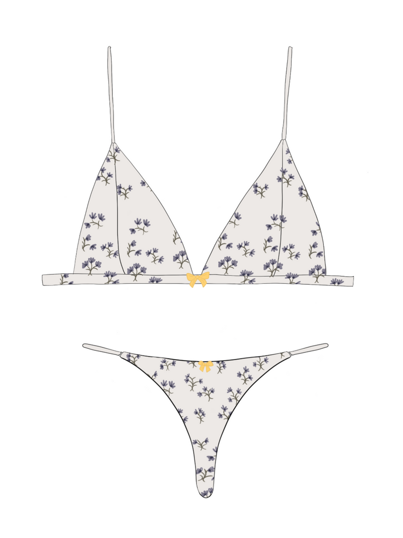 Simonetta Set in ivory silk charmeuse — triangle bralette and thong with lavender floral print and gold bow