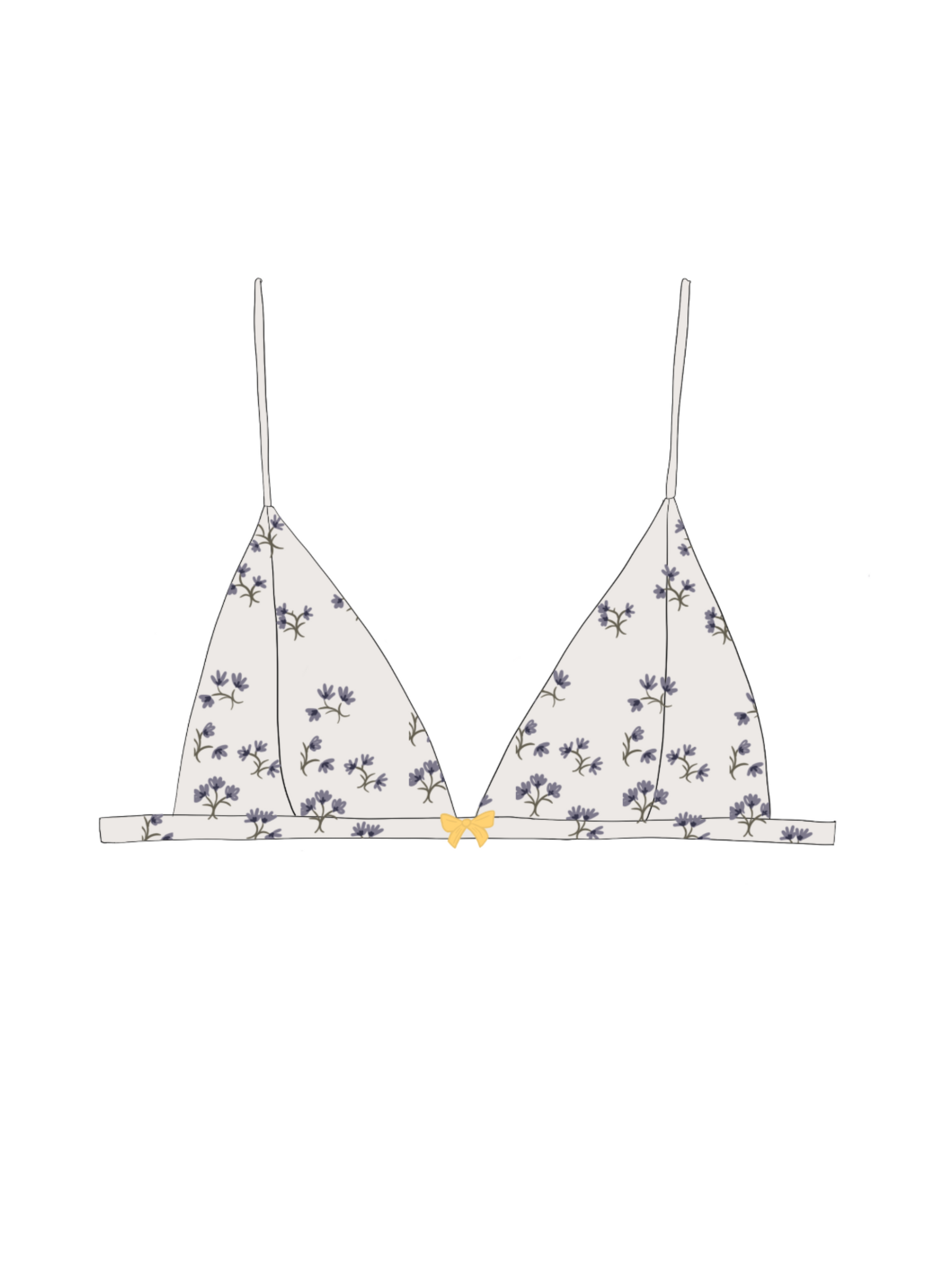 Simonetta Bralette in ivory silk charmeuse with lavender botanical floral print and gold bow detail