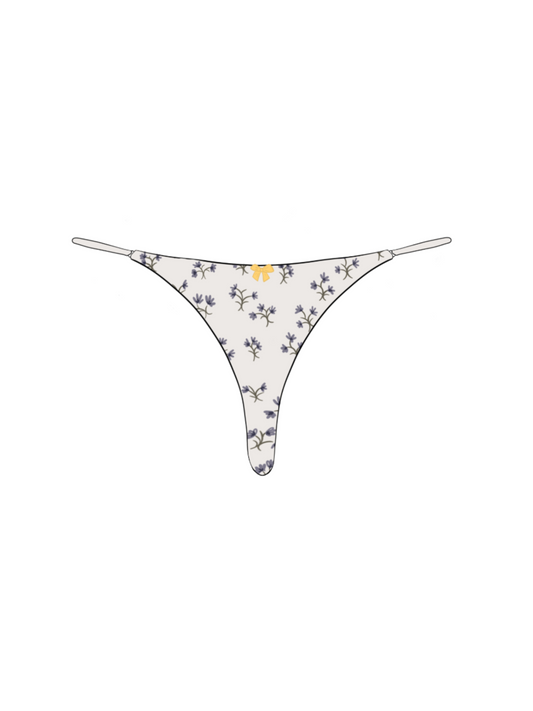 Simonetta Thong in ivory silk charmeuse with lavender botanical floral print